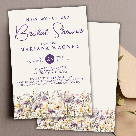 Invitation Fête des mariées Fleur sauvage violet beige