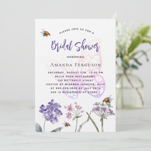 Invitation Fête des mariées fleur sauvage violet papillon lux (Debout devant)