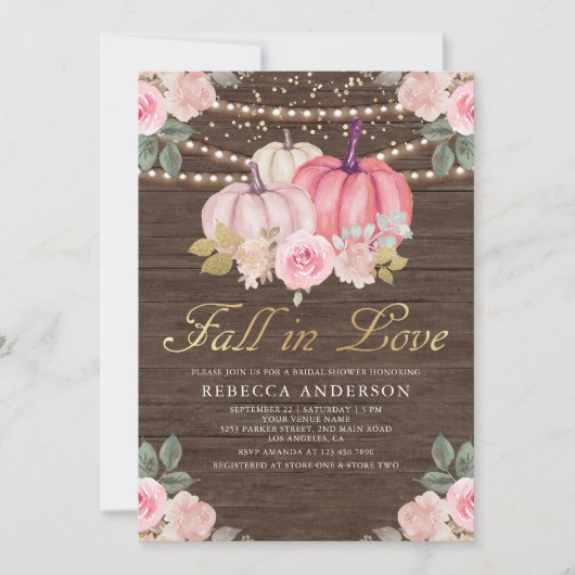 Invitation Fête des mariées fleurie Citrouille rose bois rust (Devant)