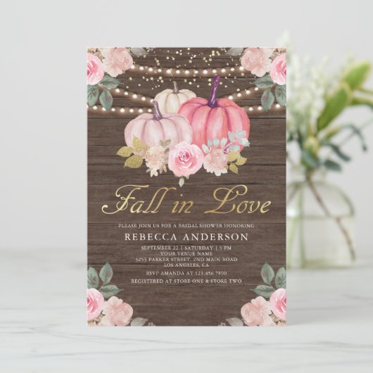 Invitation Fête des mariées fleurie Citrouille rose bois rust (Debout devant)