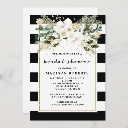 Invitation Fête des mariées Fleurs à rayures noir et blanc (Devant / Derrière)