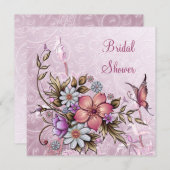 Invitation Fête des mariées Fleurs roses blanches Papillon (Devant / Derrière)