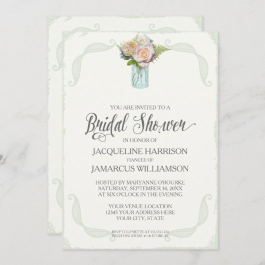 Invitation Fête des mariées Fleurs rustiques Mason Jar Typogr (Devant / Derrière)