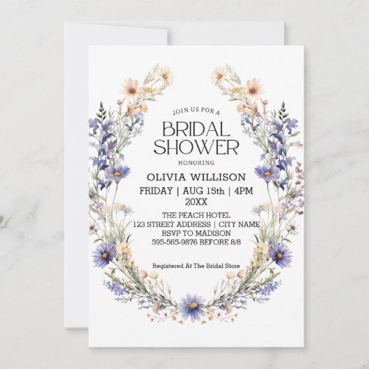 Invitation Fête des mariées Fleurs sauvages bleu clair Aquare (Devant)