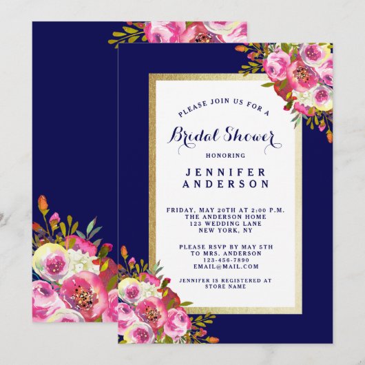 Invitation Fête des mariées floral chic | Marine b (Devant / Derrière)