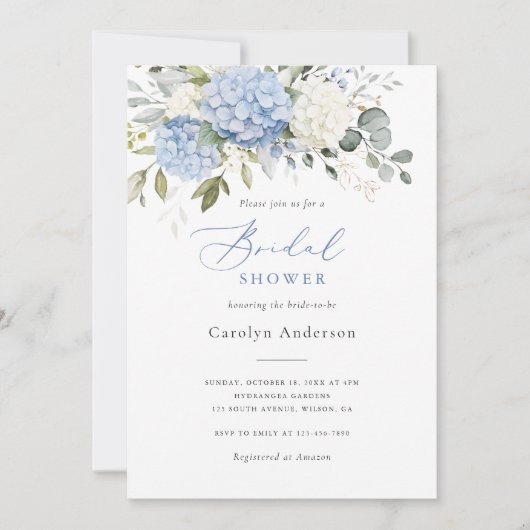 Invitation Fête des mariées Floral Elegant Bleu Blanc Hydrang (Devant)