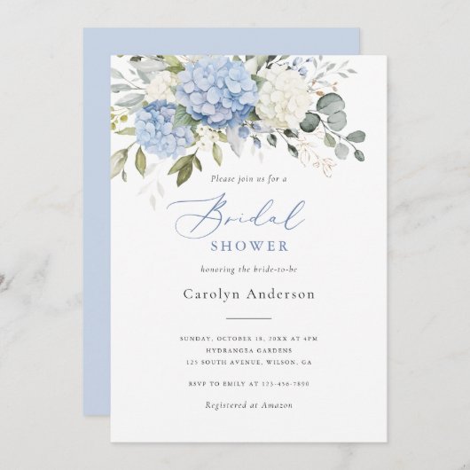 Invitation Fête des mariées Floral Elegant Bleu Blanc Hydrang (Devant / Derrière)
