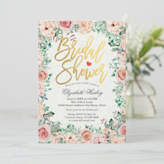 Invitation Fête des mariées Floral Gold Script (Debout devant)