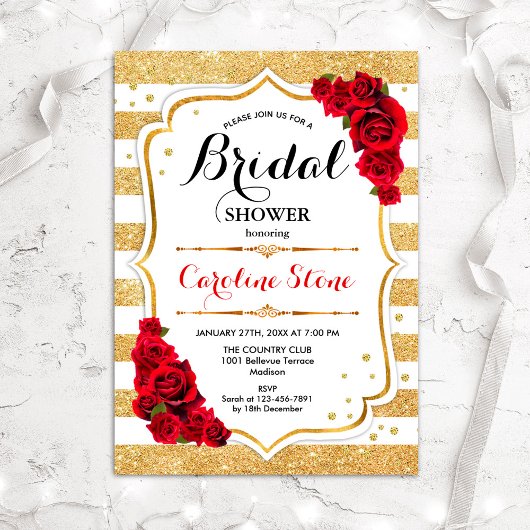 Invitation Fête des mariées Floral Gold White Stripes