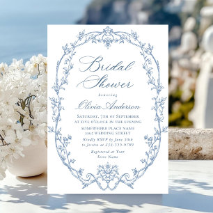 Invitation Fête des mariées Floral Orné Victorien Dusty Blue