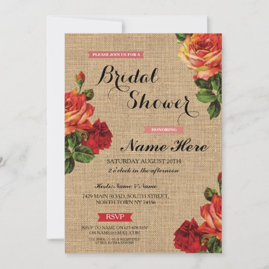 Invitation Fête des mariées Floral Red Roses Burlap Invitatio (Devant)