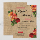 Invitation Fête des mariées Floral Red Roses Burlap Invitatio (Devant / Derrière)
