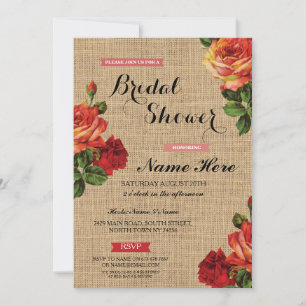 Invitation Fête des mariées Floral Red Roses Burlap Invitatio