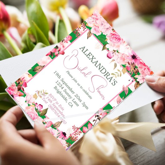 Invitation Fête des mariées Floral Rose vert rose rayures