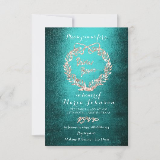 Invitation Fête des mariées Floral Wreath Rose or Turquoise (Devant)