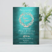 Invitation Fête des mariées Floral Wreath Rose or Turquoise (Debout devant)