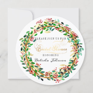 Invitation Fête des mariées Floral Wreath White Green Gold