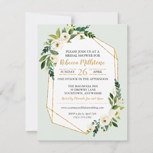 Invitation Fête des mariées florale à cadre géométrique Gold  (Devant)