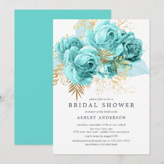Invitation Fête des mariées Florale Aqua & Gold (Devant / Derrière)