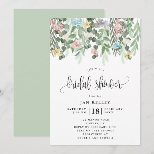 Invitation Fête des mariées florale, Aquarelle Fleurs de chal (Devant / Derrière)