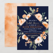 Invitation Fête des mariées Florale Automne Marine & Orange I (Devant / Derrière)