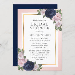 Invitation Fête des mariées florale bleu bleu bleu bleu or ro