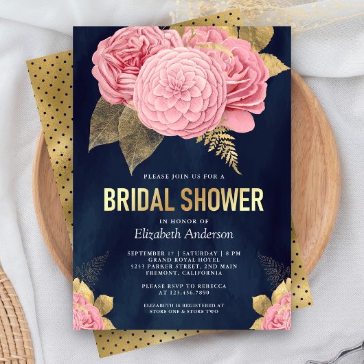 Invitation Fête des mariées florale bleu bleu or bleu rose