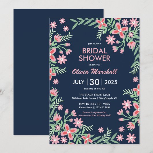 Invitation Fête des mariées florale bleu bleu rose marine (Devant / Derrière)