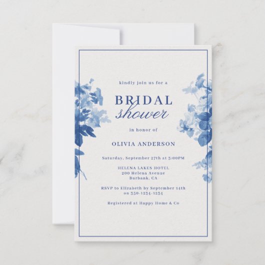 Invitation Fête des mariées florale bleu Chine (Devant)