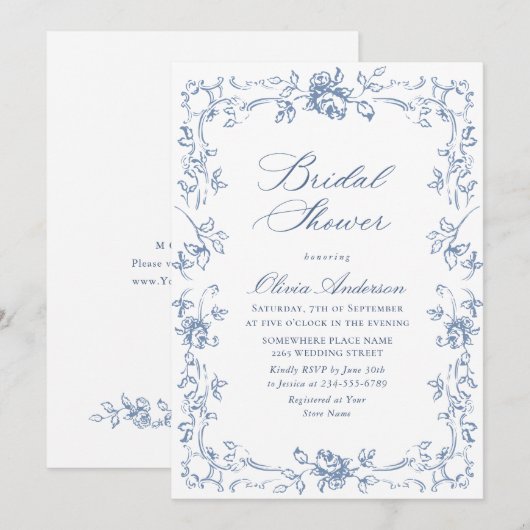 Invitation Fête des mariées Florale Bleu Dusty (Devant / Derrière)