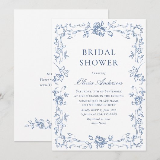 Invitation Fête des mariées Florale Bleu Dusty (Devant / Derrière)