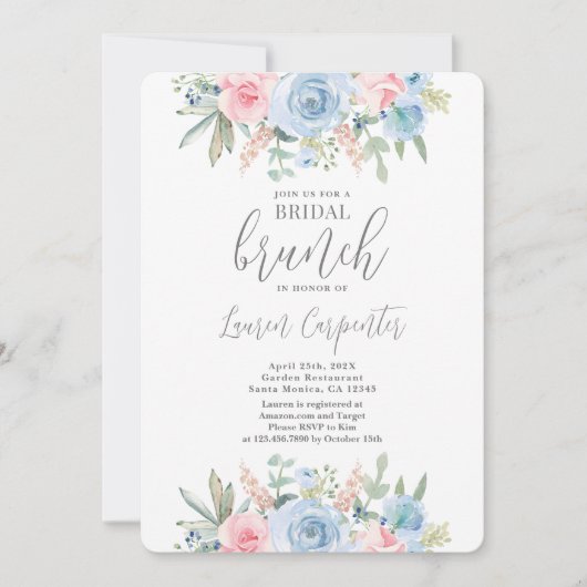 Invitation Fête des mariées florale bleu et rose (Devant)