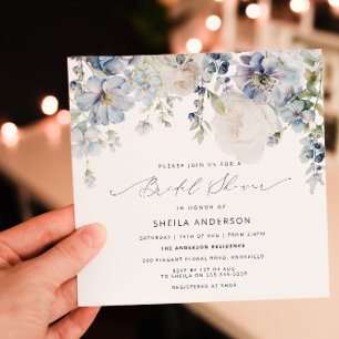 Invitation Fête des mariées florale bleu et rose pâle