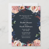 Invitation Fête des mariées florale bleu foncé et rose (Devant)