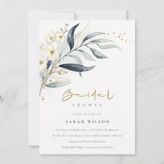 Invitation Fête des mariées florale Bleu Gold (Devant)