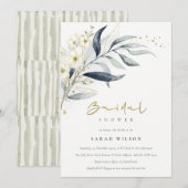Invitation Fête des mariées florale Bleu Gold (Devant / Derrière)
