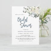 Invitation Fête des mariées florale bleu ivoire de la marine  (Debout devant)