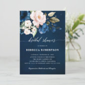 Invitation Fête des mariées florale bleu marine (Debout devant)