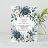 Invitation Fête des mariées florale bleu marine et argent ivo (Debout devant)