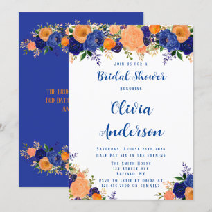 Invitation Fête des mariées Florale bleu marine et orange
