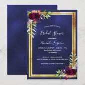 Invitation Fête des mariées florale bleu marine or bordeaux (Devant / Derrière)