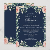 Invitation Fête des mariées florale bleu marine, rose pâle (Devant / Derrière)