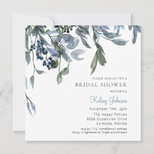 Invitation Fête des mariées florale bleu poussiéreux