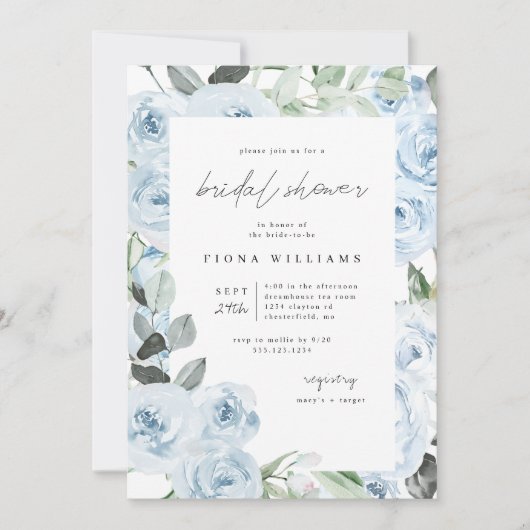 Invitation Fête des mariées florale bleu poussiéreux (Devant)