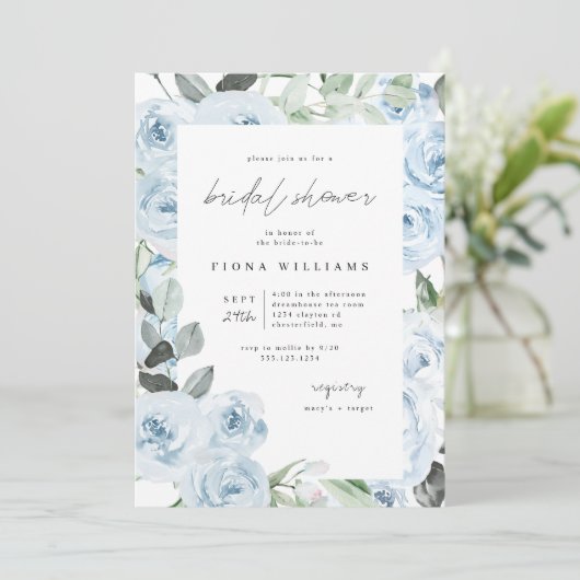 Invitation Fête des mariées florale bleu poussiéreux (Debout devant)