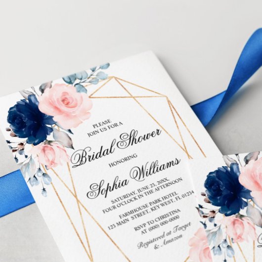 Invitation Fête des mariées florale bleu rose et bleu marine