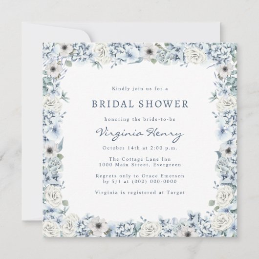 Invitation Fête des mariées Florale Bleue (Devant)