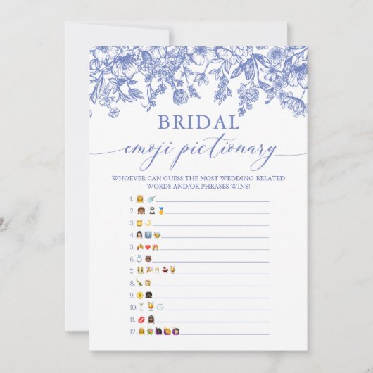 Invitation Fête des mariées Florale Bleue Emoji Jeu Pictionar (Devant)
