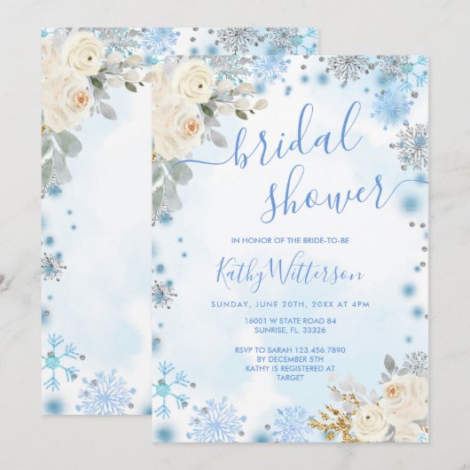 Invitation Fête des mariées florale Blue Winter Snowflake (Devant / Derrière)