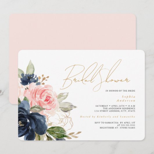 Invitation Fête des mariées florale Blush Gold Navy (Devant / Derrière)